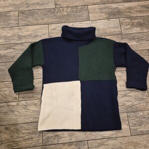 Vintage 90s Private Eyes Color Block Turtleneck Sweater - Blue Green Cream